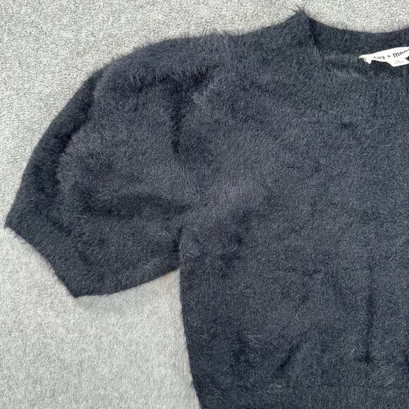 Day + Moon Fuzzy Cropped Sweater Top Size Small Black Short Puff Sleeve Crew Nec - Picture 2 of 9